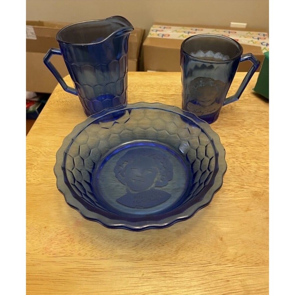 Shirley Temple Blue Cobalt Depression Glass Pitchers 2 Cups And  Bowl Adorable